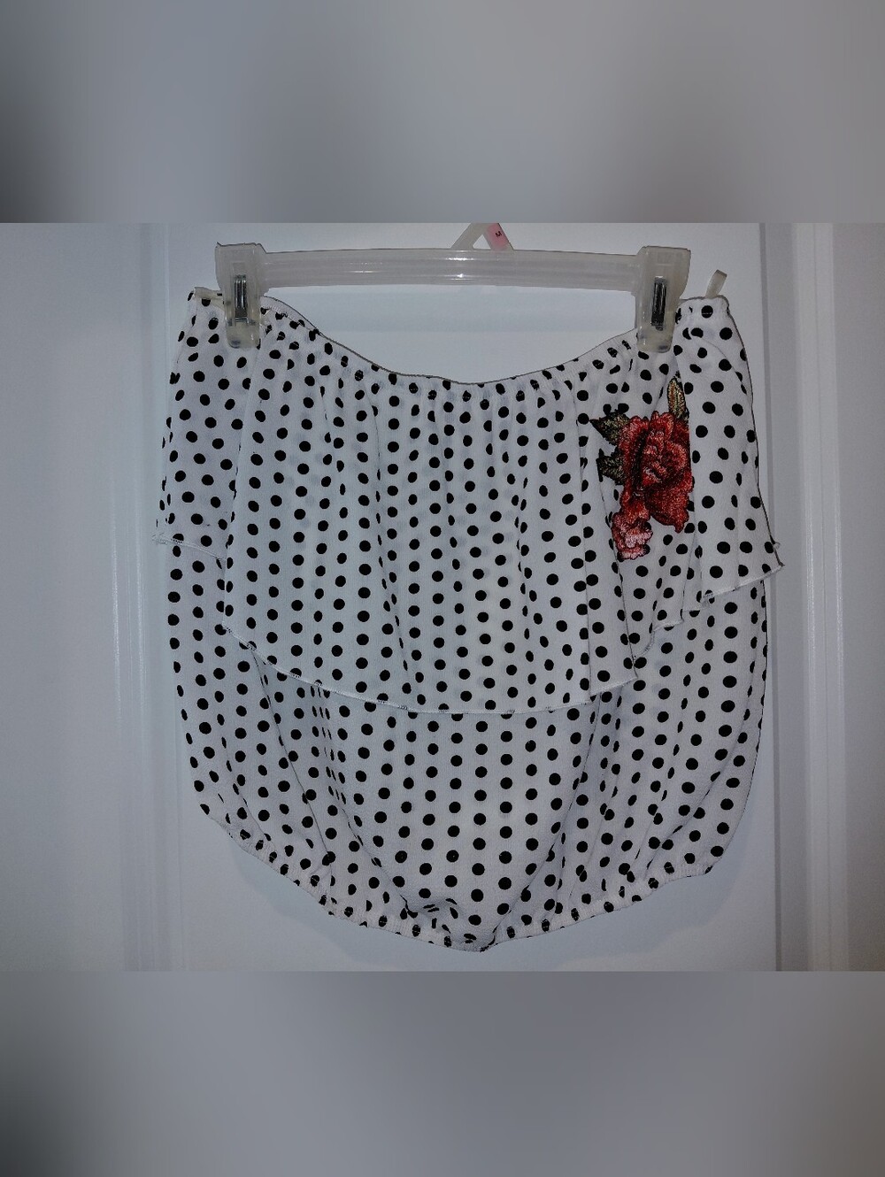Polka Dot Tiered Mini Skirt with Red Rose Applique